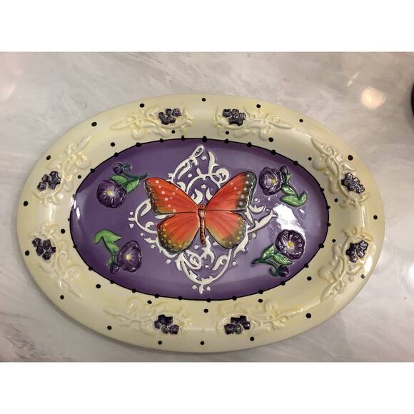LTD Commodities Spring Purple Butterfly Pansy Flowers Serving Platter 14" - Picture 1 of 2